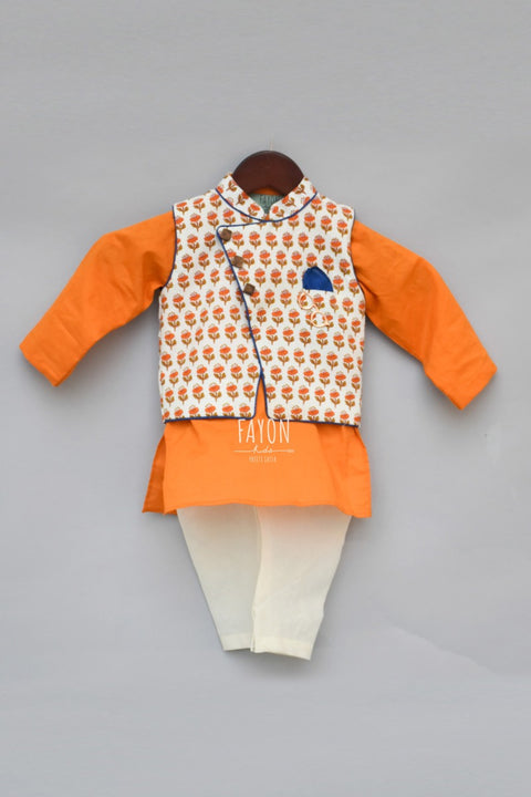 Pre-Order: Orange Kurta with Flower Print Nehru Jacket Set