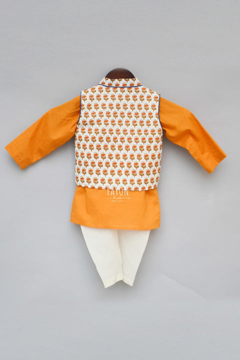 Pre-Order: Orange Kurta with Flower Print Nehru Jacket Set