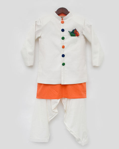 Pre-Order: Orange Kurta with Off White Jacket and Salwar