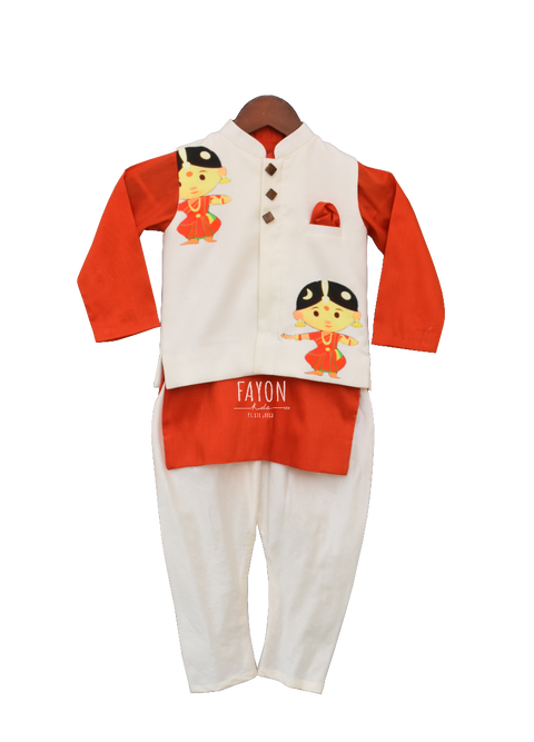 Pre-Order: Orange Kurta with Print Nehru Jacket and Churidar