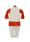 Pre-Order: Orange Kurta with Print Nehru Jacket and Churidar