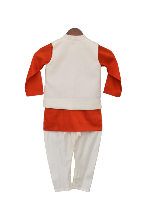 Pre-Order: Orange Kurta with Print Nehru Jacket and Churidar