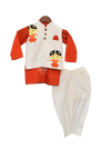 Pre-Order: Orange Kurta with Print Nehru Jacket and Churidar