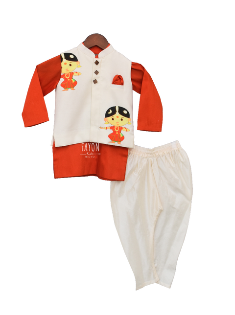 Pre-Order: Orange Kurta with Print Nehru Jacket and Churidar