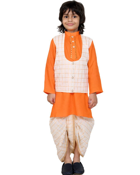Orange Kurta with Off-White Self Checks Dhoti and Jacket