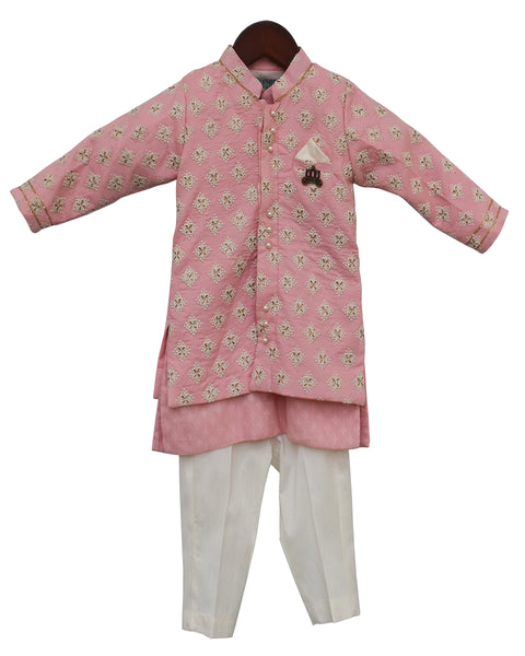Pre-Order: Pastel Pink Embroidery Jacket with Kurta and Pant