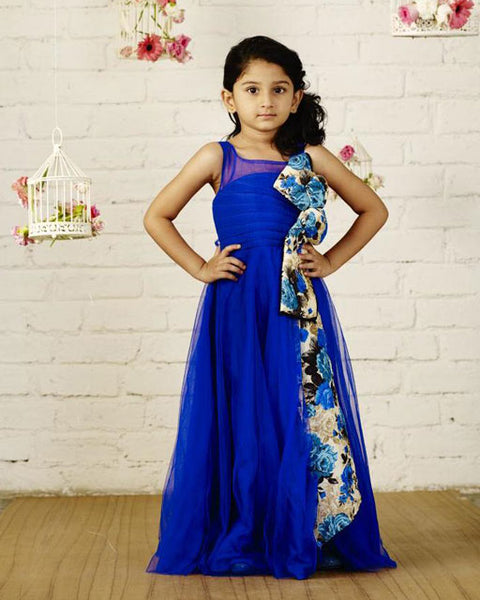 Pre-Order: Girls Flared Party Gown with Silk Bow-Blue