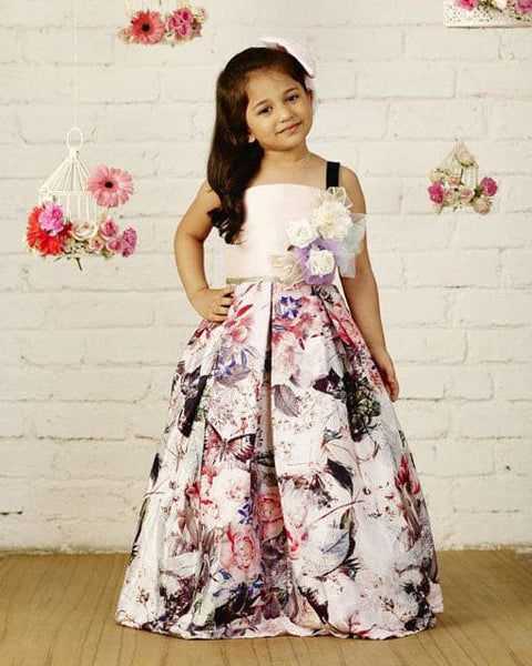Pre-Order: Girls Printed Raw Silk Flared Party Gown-Peach