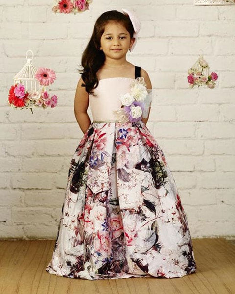 Pre-Order: Girls Printed Raw Silk Flared Party Gown-Peach