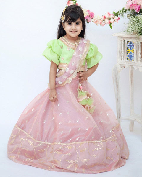 Pre-Order: Peach Chanderi Lehenga with Green Choli and Pink Dupatta