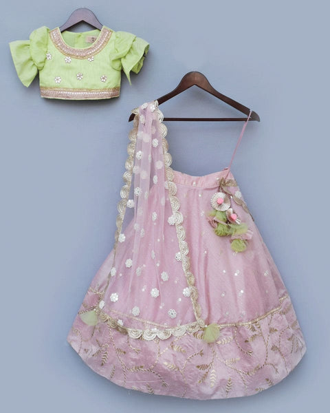 Pre-Order: Peach Chanderi Lehenga with Green Choli and Pink Dupatta