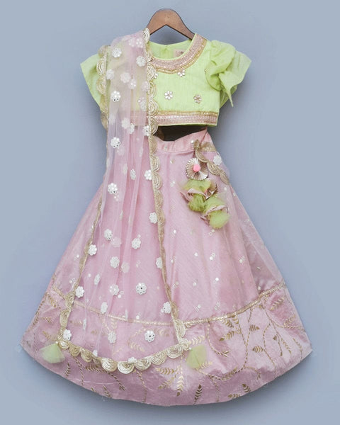 Pre-Order: Peach Chanderi Lehenga with Green Choli and Pink Dupatta