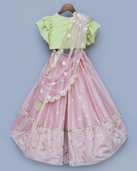 Pre-Order: Peach Chanderi Lehenga with Green Choli and Pink Dupatta