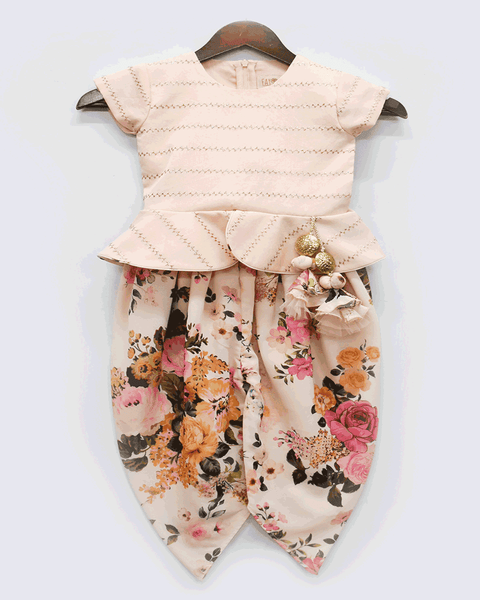 Pre-Order: Peach Chanderi Peplum Top with Printed Dhoti