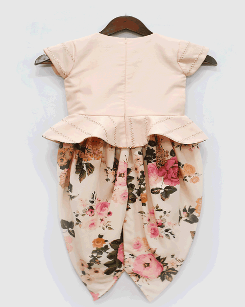 Pre-Order: Peach Chanderi Peplum Top with Printed Dhoti