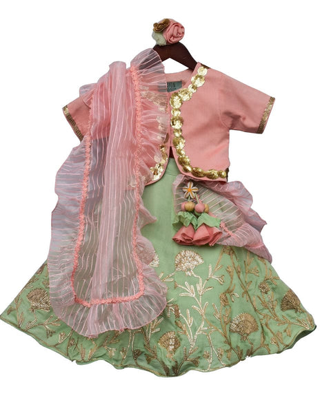 Pre-Order: Peach Choli with Green Gota Lehenga