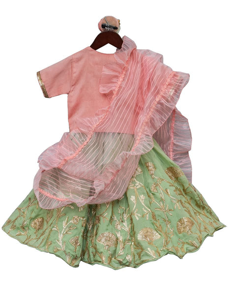 Pre-Order: Peach Choli with Green Gota Lehenga