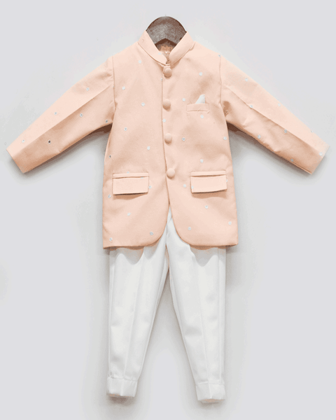 Pre-Order: Peach Mirror Embroidered Bandhgala with Pant