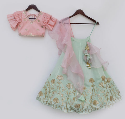 Pre-Order: Peach Choli with Gota Embroidery Lehenga Dupatta