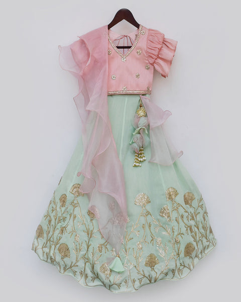 Pre-Order: Peach Choli with Gota Embroidery Lehenga Dupatta