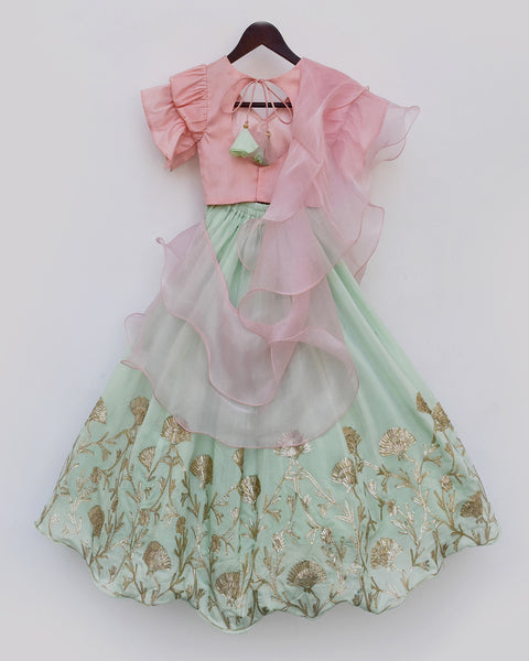 Pre-Order: Peach Choli with Gota Embroidery Lehenga Dupatta