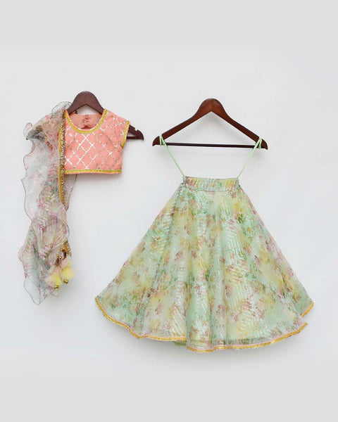Pre-Order: Peach Choli with Green Printed Organza Lehenga and Dupatta