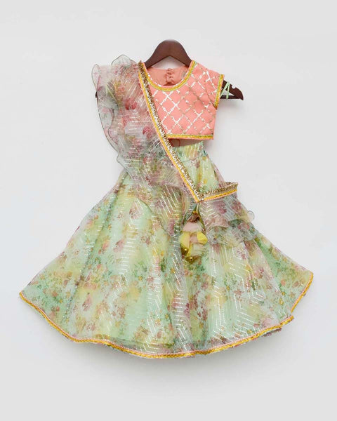 Pre-Order: Peach Choli with Green Printed Organza Lehenga and Dupatta