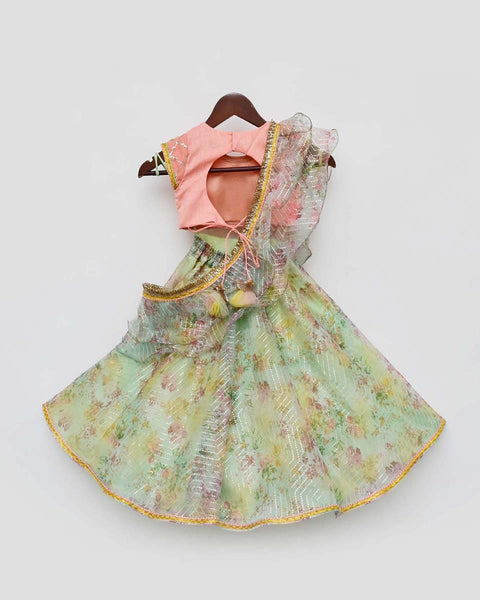 Pre-Order: Peach Choli with Green Printed Organza Lehenga and Dupatta