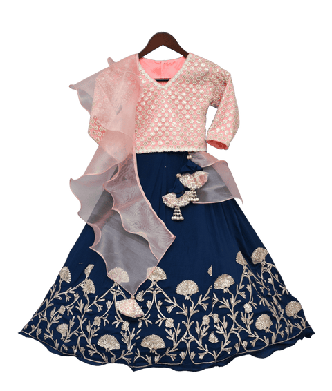 Pre-Order: Peach Embroidery Choli with Blue Gota Lehenga