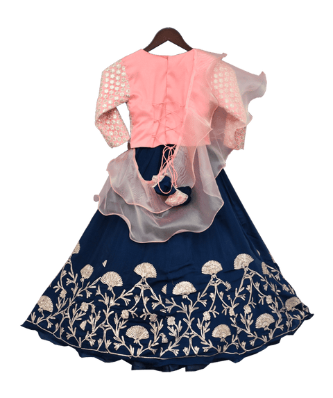 Pre-Order: Peach Embroidery Choli with Blue Gota Lehenga