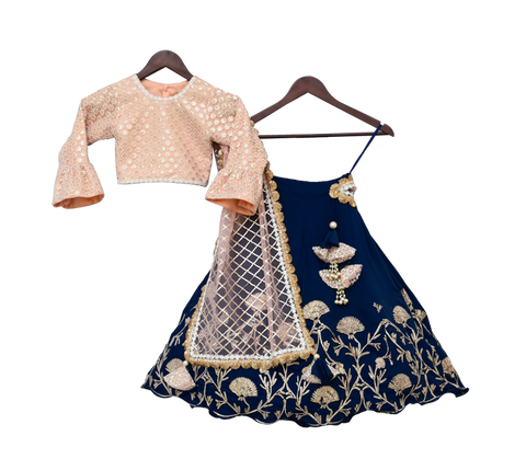 Pre-Order: Peach Embroidery Choli with Blue Gota Lehenga & Gota work Dupatta