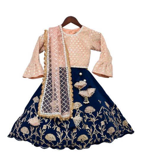 Pre-Order: Peach Embroidery Choli with Blue Gota Lehenga & Gota work Dupatta