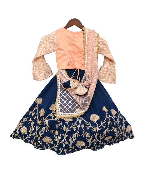 Pre-Order: Peach Embroidery Choli with Blue Gota Lehenga & Gota work Dupatta