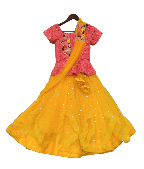 Pre-Order: Peach Embroidery Choli with Yellow Net Lehenga & Stitched Dupatta