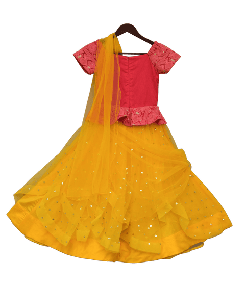 Pre-Order: Peach Embroidery Choli with Yellow Net Lehenga & Stitched Dupatta