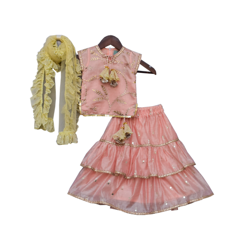 Pre-Order: Peach Embroidery Kurta with Peach Lehenga