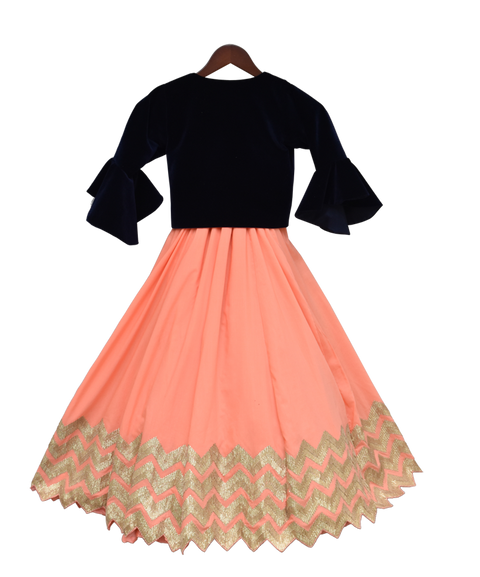 Pre-Order: Peach Gota Anarkali Dress with Dark Blue Jacket
