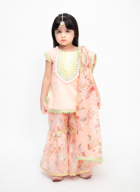 Pre-Order: Peach Kurti with Kotta Print Fabric Sharara and Dupatta