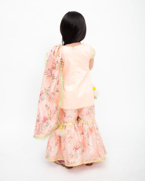 Pre-Order: Peach Kurti with Kotta Print Fabric Sharara and Dupatta