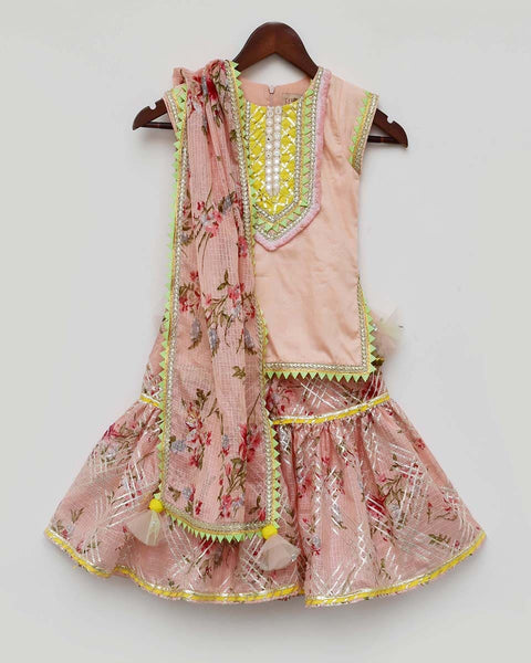 Pre-Order: Peach Kurti with Kotta Print Fabric Sharara and Dupatta