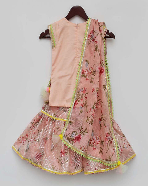 Pre-Order: Peach Kurti with Kotta Print Fabric Sharara and Dupatta