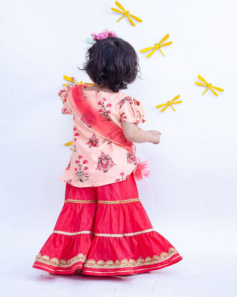 Pre-Order: Peach Printed Kurti with Coral Sharara