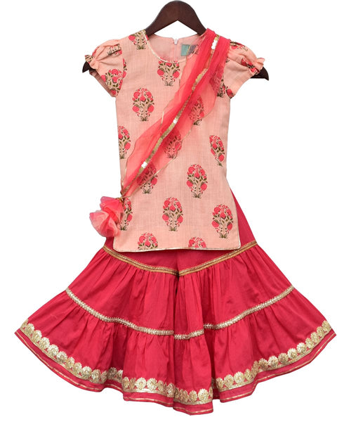 Pre-Order: Peach Printed Kurti with Coral Sharara