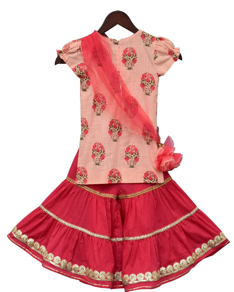 Pre-Order: Peach Printed Kurti with Coral Sharara