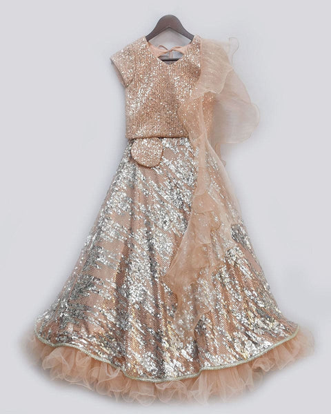 Pre-Order: Peach Sequins Choli with Lehenga and Ruffles Dupatta
