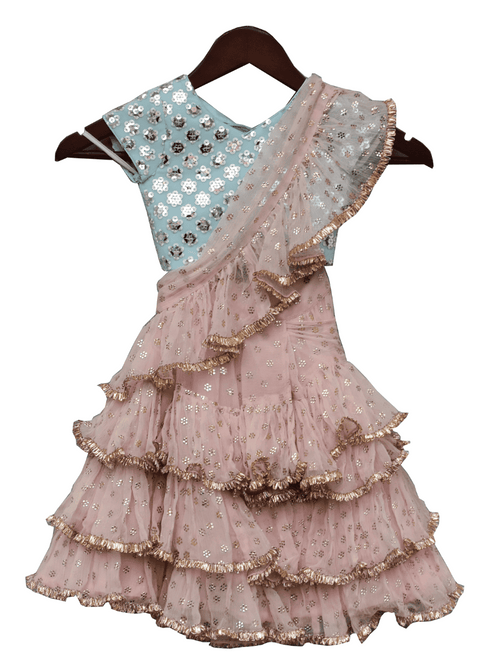 Pre-Order: Peach Shiffon Saree with Blue Top