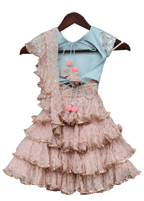 Pre-Order: Peach Shiffon Saree with Blue Top