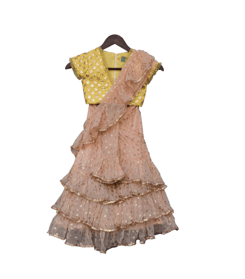 Pre-Order: Peach Chiffon Saree with Yellow Top