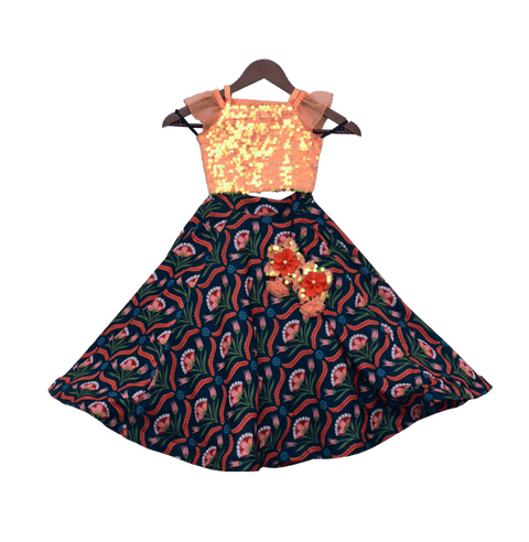 Pre-Order: Peach Soft Sequence Choli with Printed Lehenga
