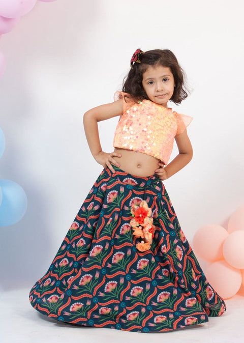 Pre-Order: Peach Soft Sequence Choli with Printed Lehenga